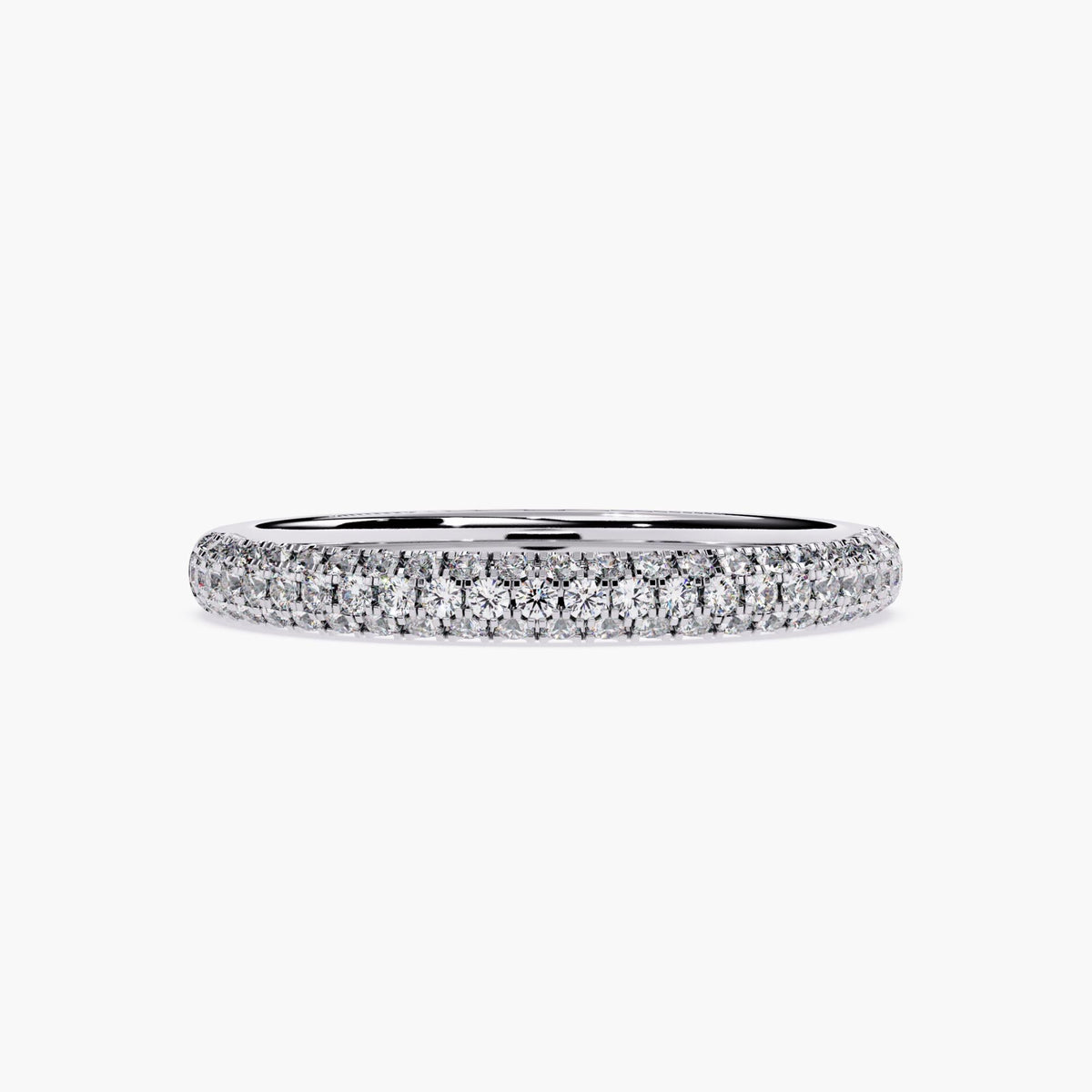 A white gold band featuring a row of small, clear diamonds set around half of the band.