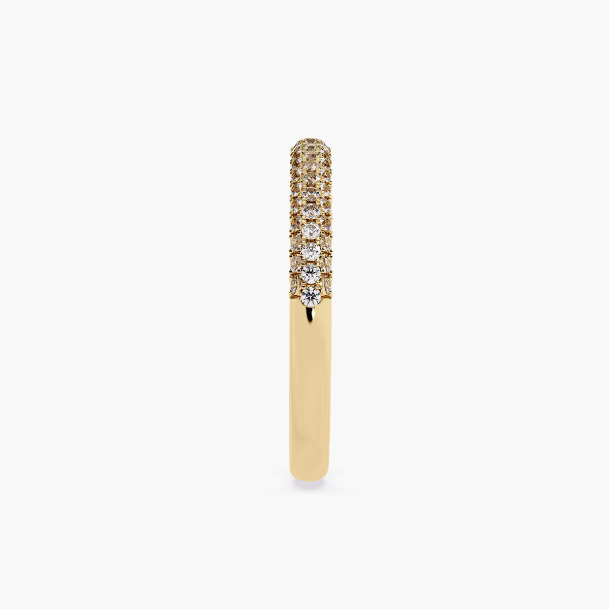 A gold band featuring a row of small, clear diamonds set around half of the band.