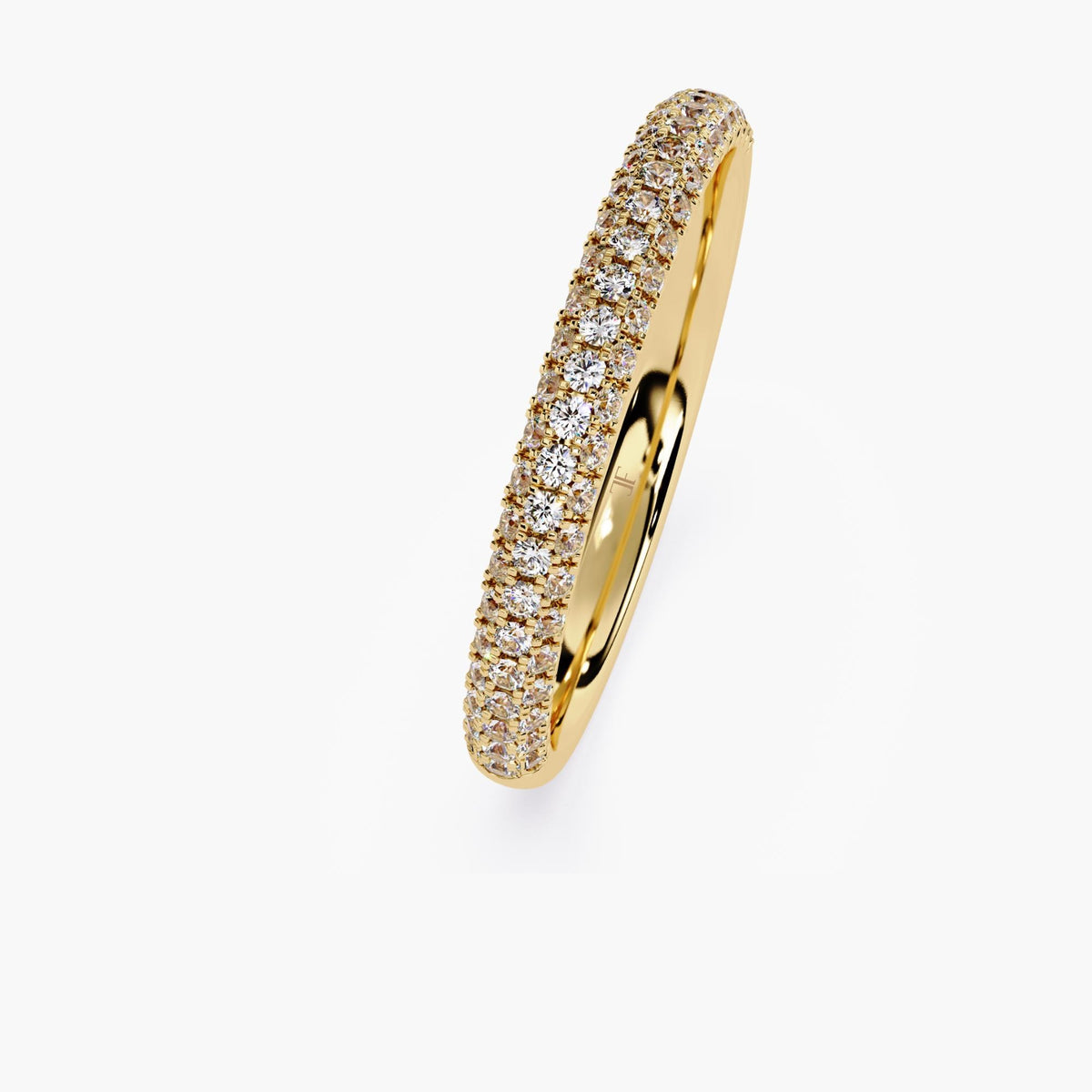 A yellow gold band featuring a row of small, clear diamonds set around half of the band.