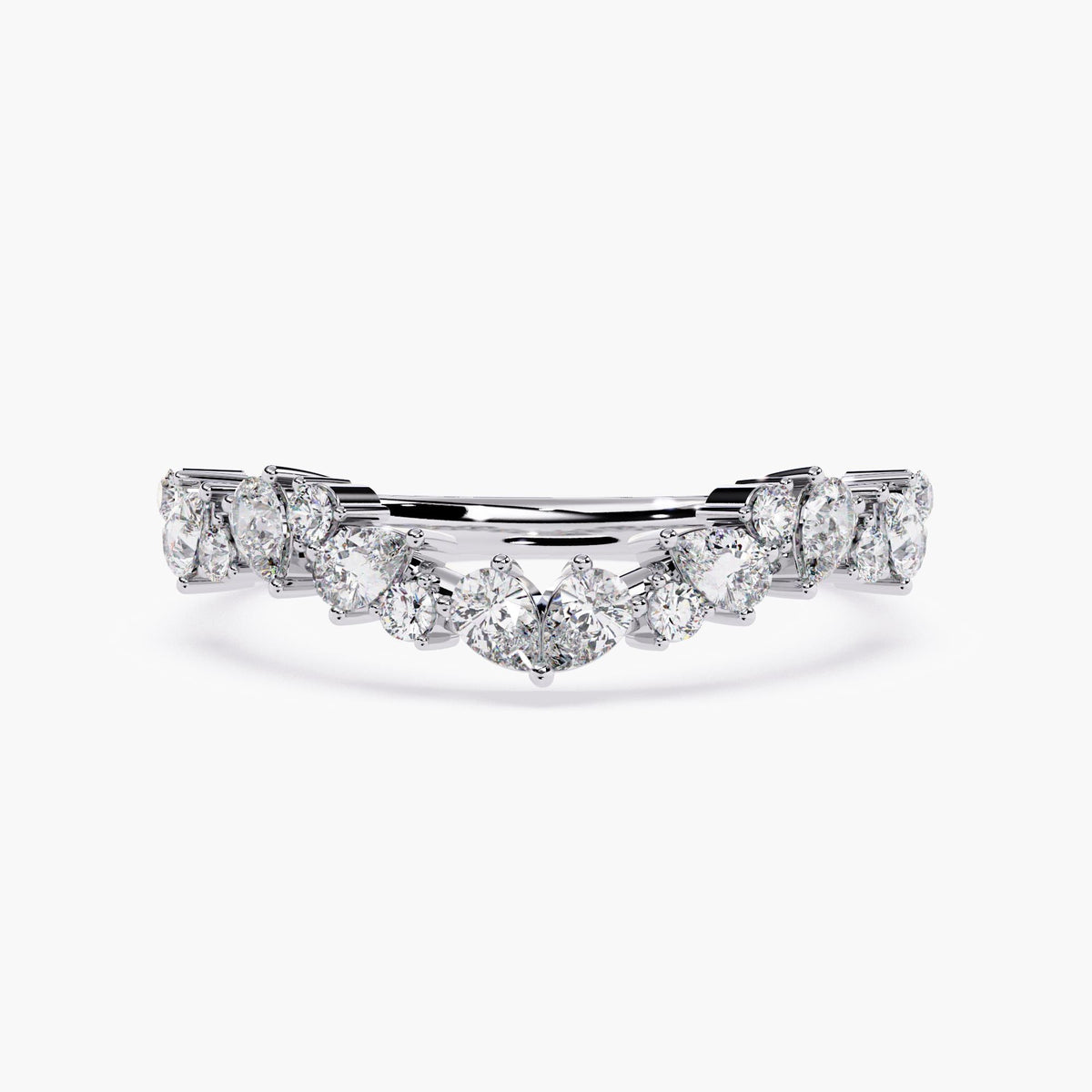 A curved white gold half eternity ring with marquise and round shaped diamonds.