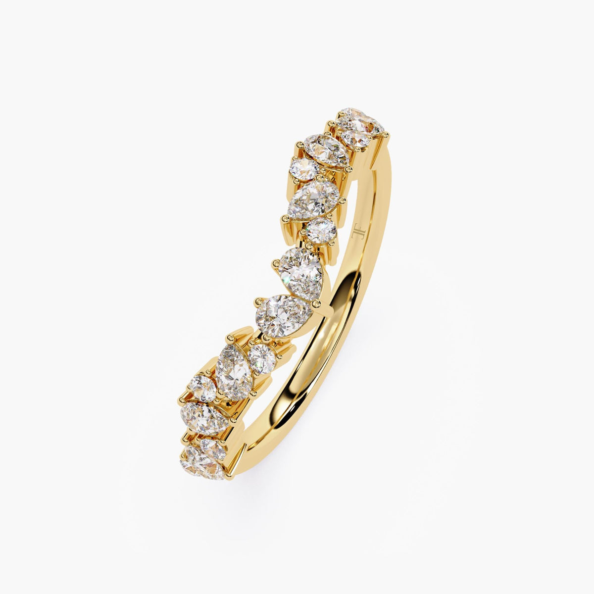 A curved gold half eternity ring with marquise and round shaped diamonds.