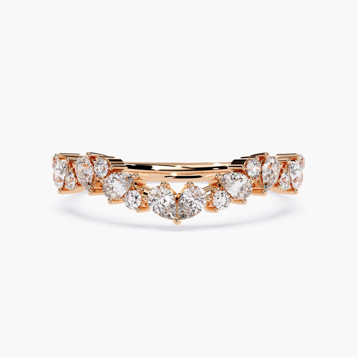 A curved rose gold half eternity ring with marquise and round shaped diamonds.