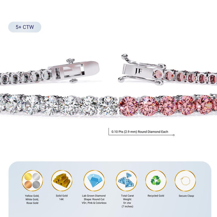 5 CTW Pink and White Round Cut Lab Grown Diamond Tennis Bracelet 14K Gold
