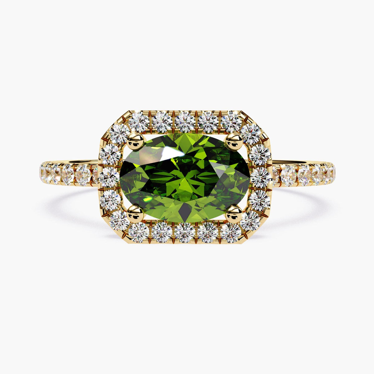 14k Classic Oval Cut Emerald Ring with Surrounding Diamonds