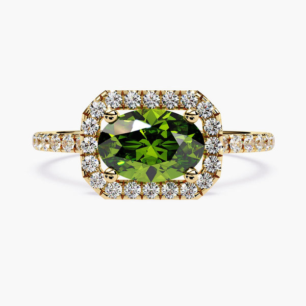 Green Diamond Engagement Ring, 1 Ct East West Oval Diamond Halo Ring, 14K Gold Art Deco Minimalist Ring, Handmade Anniversary Gift for Her