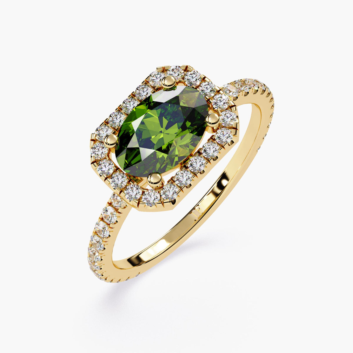 14k Classic Oval Cut Emerald Ring with Surrounding Diamonds