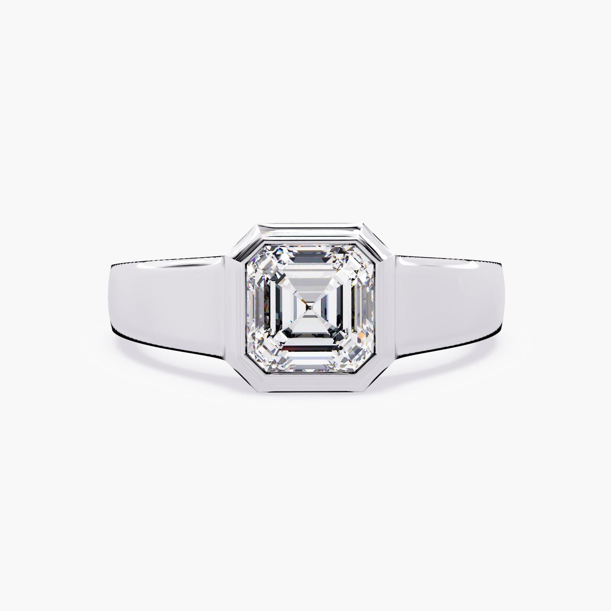 A white gold asscher signet ring.