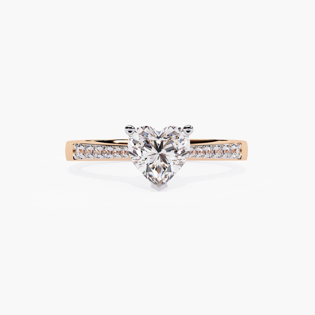 A rose gold ring band featuring a heart-shaped diamond center stone, adorned with small round-cut stones on the sides.