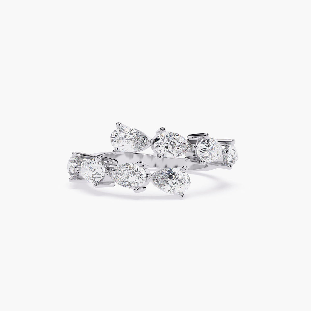 A white gold ring with a double row of clear diamond stones. The ring is open and has a curved shape.