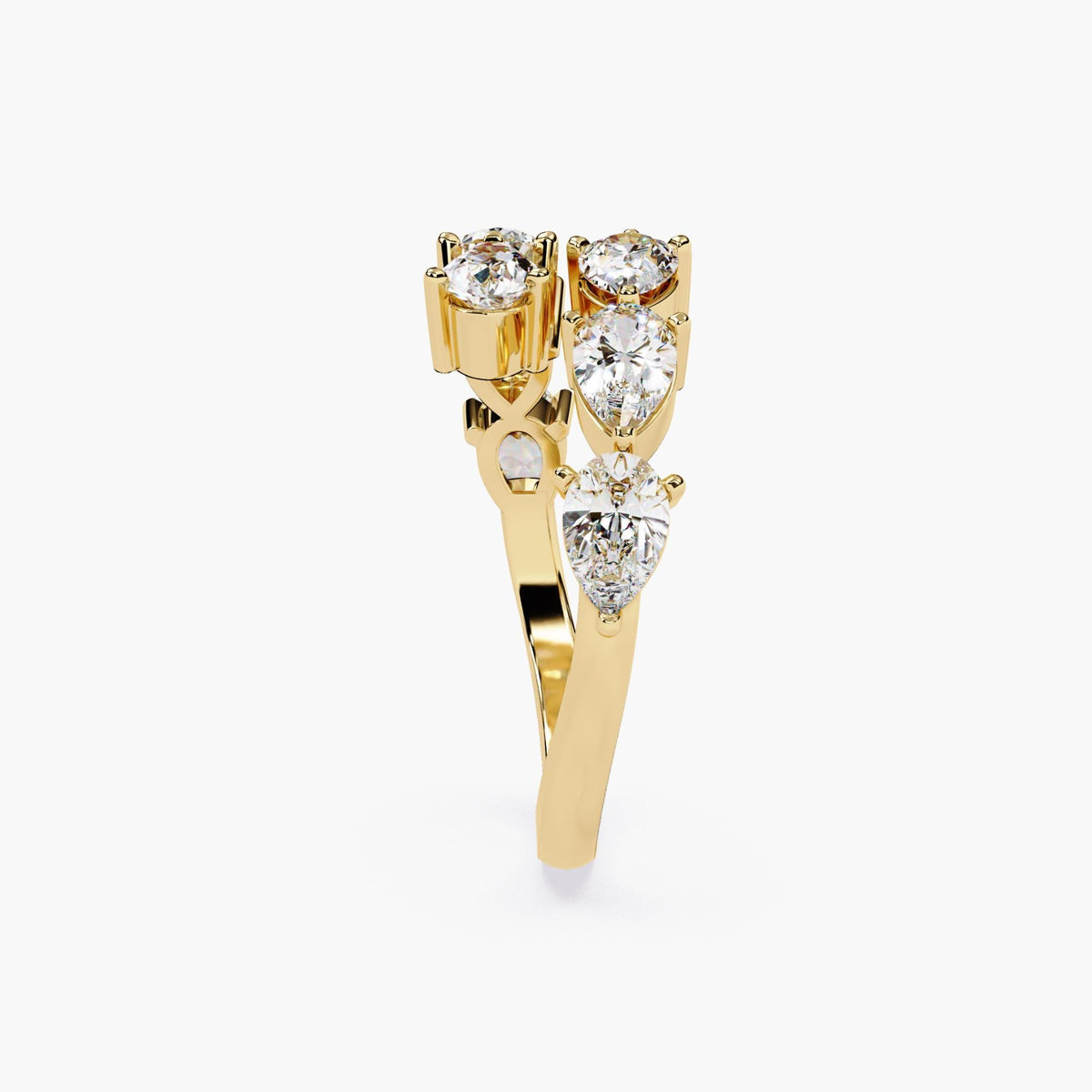 A yellow gold ring with a double row of clear diamond stones. The ring is open and has a curved shape.