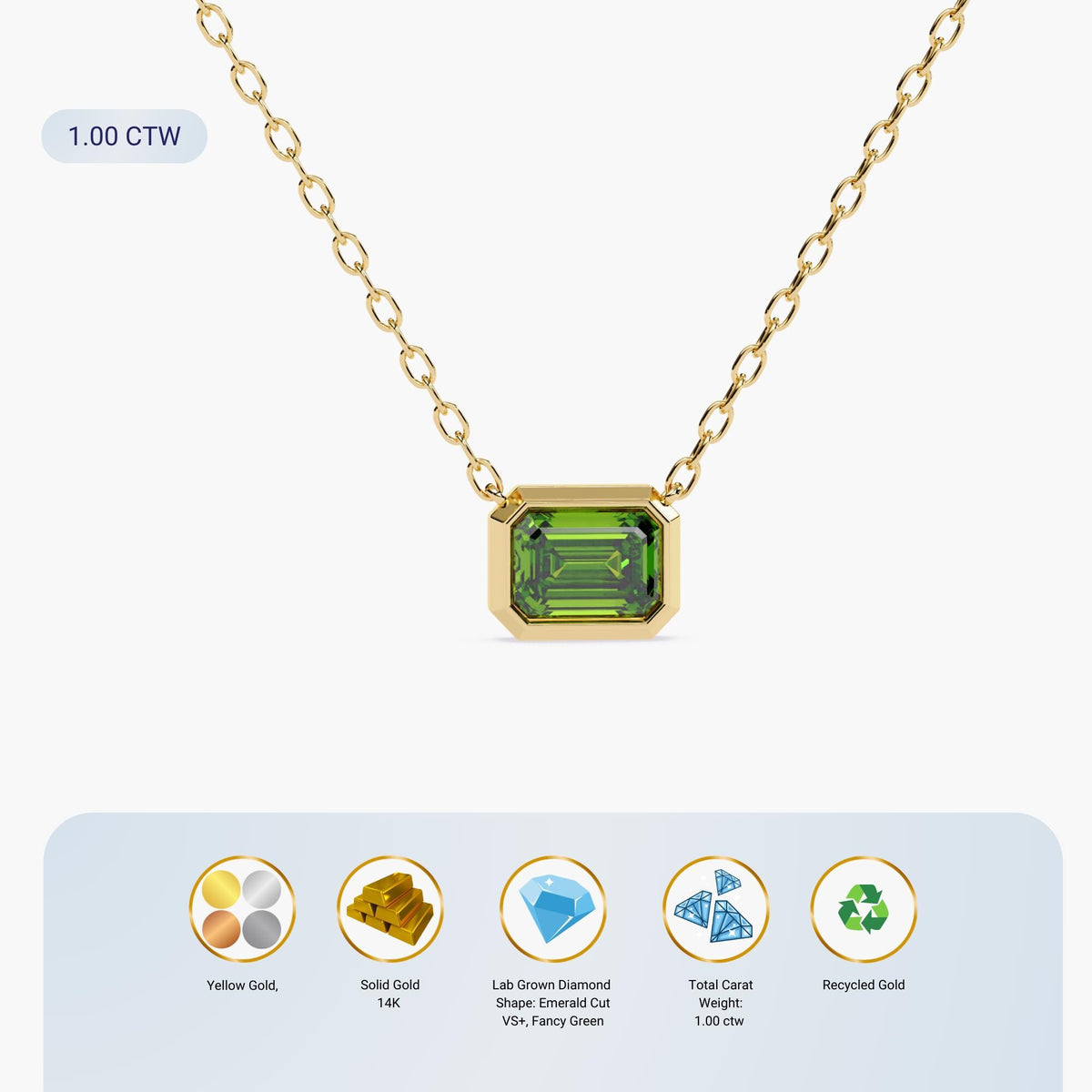 14K Gold Emerald Cut Green Lab Grown Diamond Necklace, 1 CTW