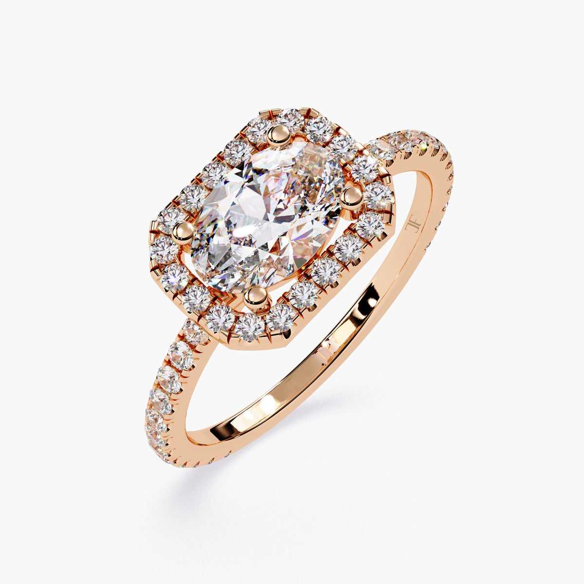 A rose gold ring with an oval cut diamond center stone surrounded by a halo of smaller diamonds.