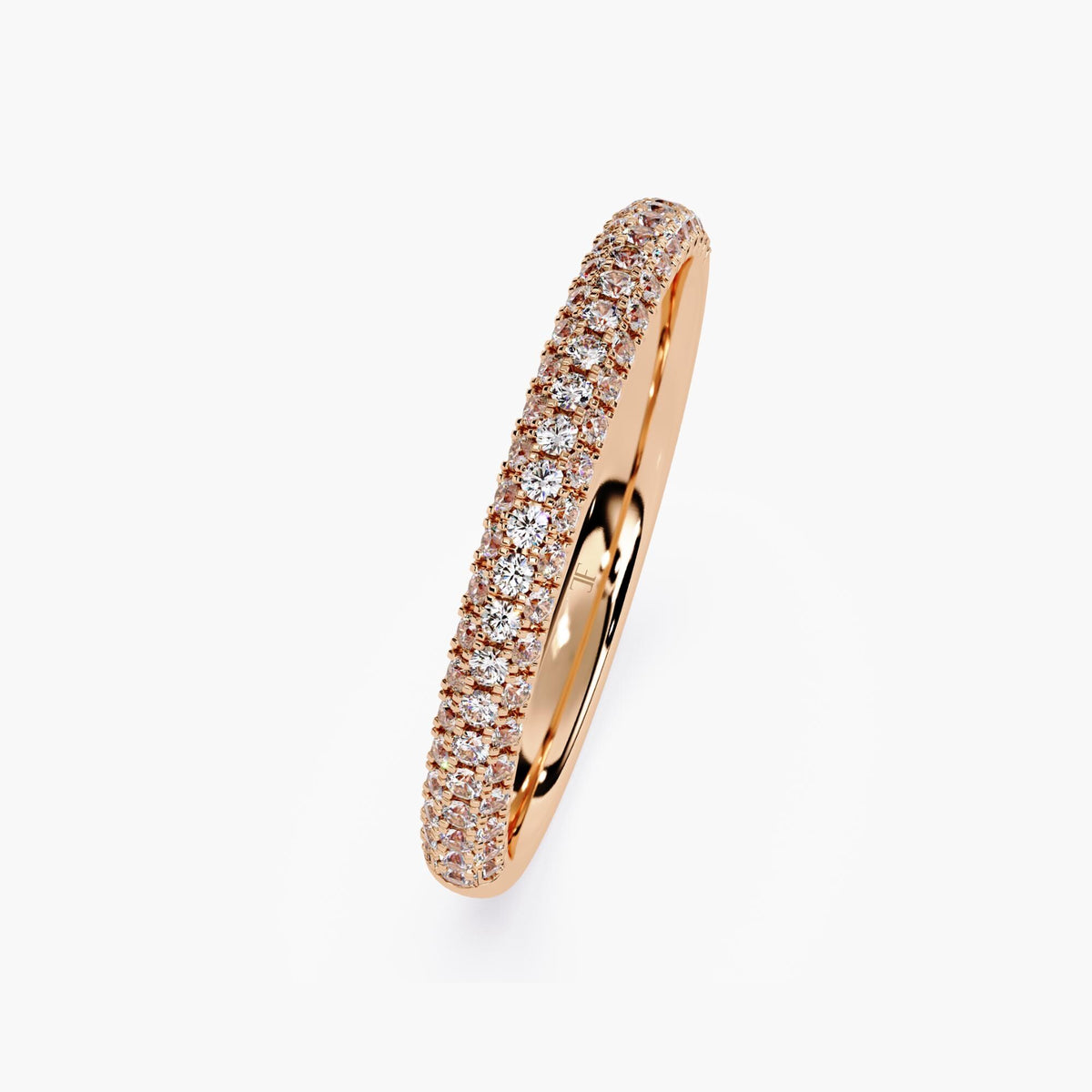 A rose gold band featuring a row of small, clear diamonds set around half of the band.