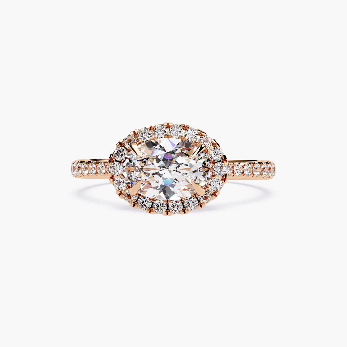 Premium Engagement Collection Diamond Halo Ring East West Setting Modern Design Yellow Gold Band Perfect Proposal Piece Wedding Essential Beautiful Oval Stone Details Elegant Bridal Style Unique Forever Symbol Statement