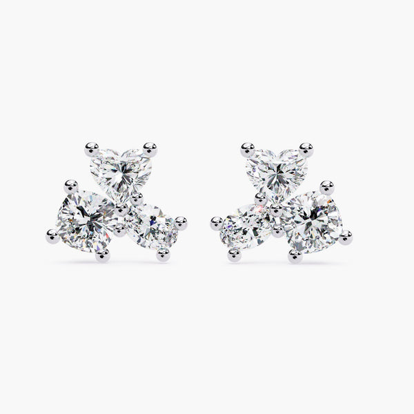 14K Gold Natural Diamond Trio Stud Earrings, 0.90 CTW, Heart Round Oval