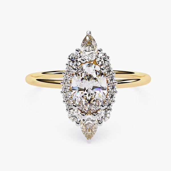 14K Gold Oval Natural Diamond Starburst Halo Ring, 1 CTW