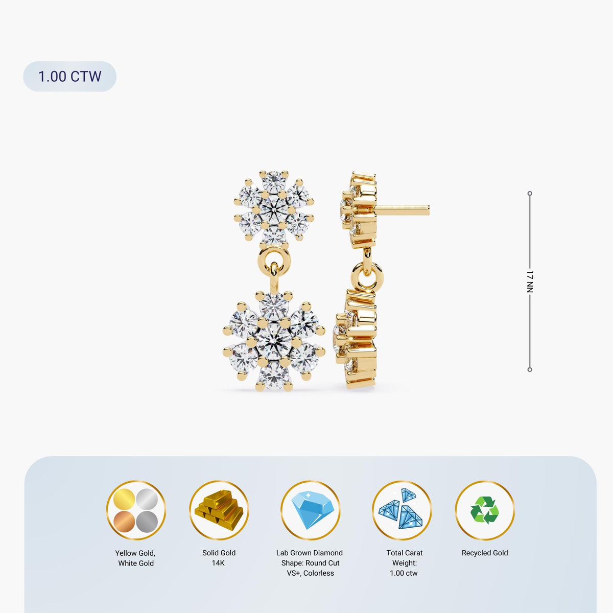 14K Gold Round Lab Grown Diamond Flower Drop Earrings, 1 CTW