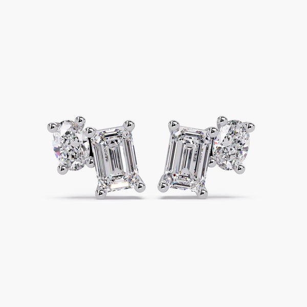 14K Gold Emerald & Oval Lab Grown Diamond Toi Et Moi Stud Earrings, 1.50 CTW