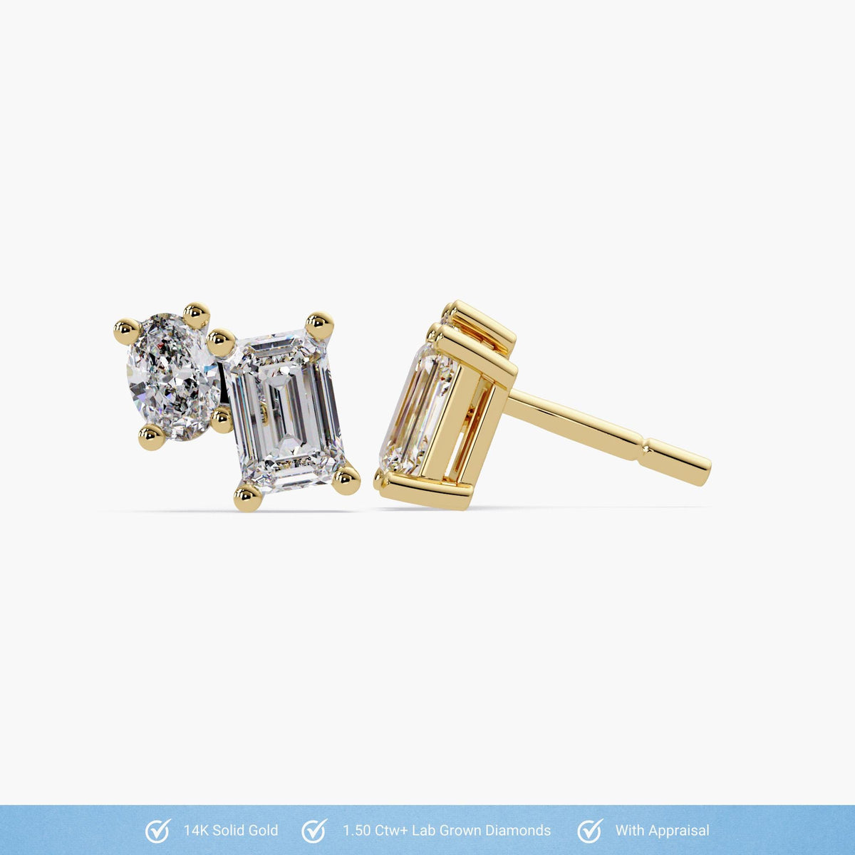 14K Gold Emerald & Oval Lab Grown Diamond Toi Et Moi Stud Earrings, 1.50 CTW