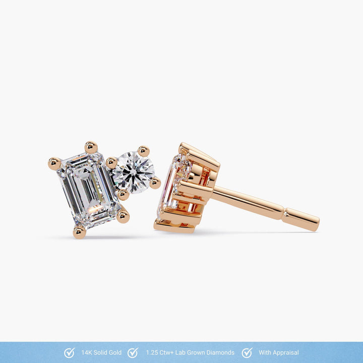 14K Gold Toi Et Moi Lab Diamond Stud Earrings: Emerald & Round Cut