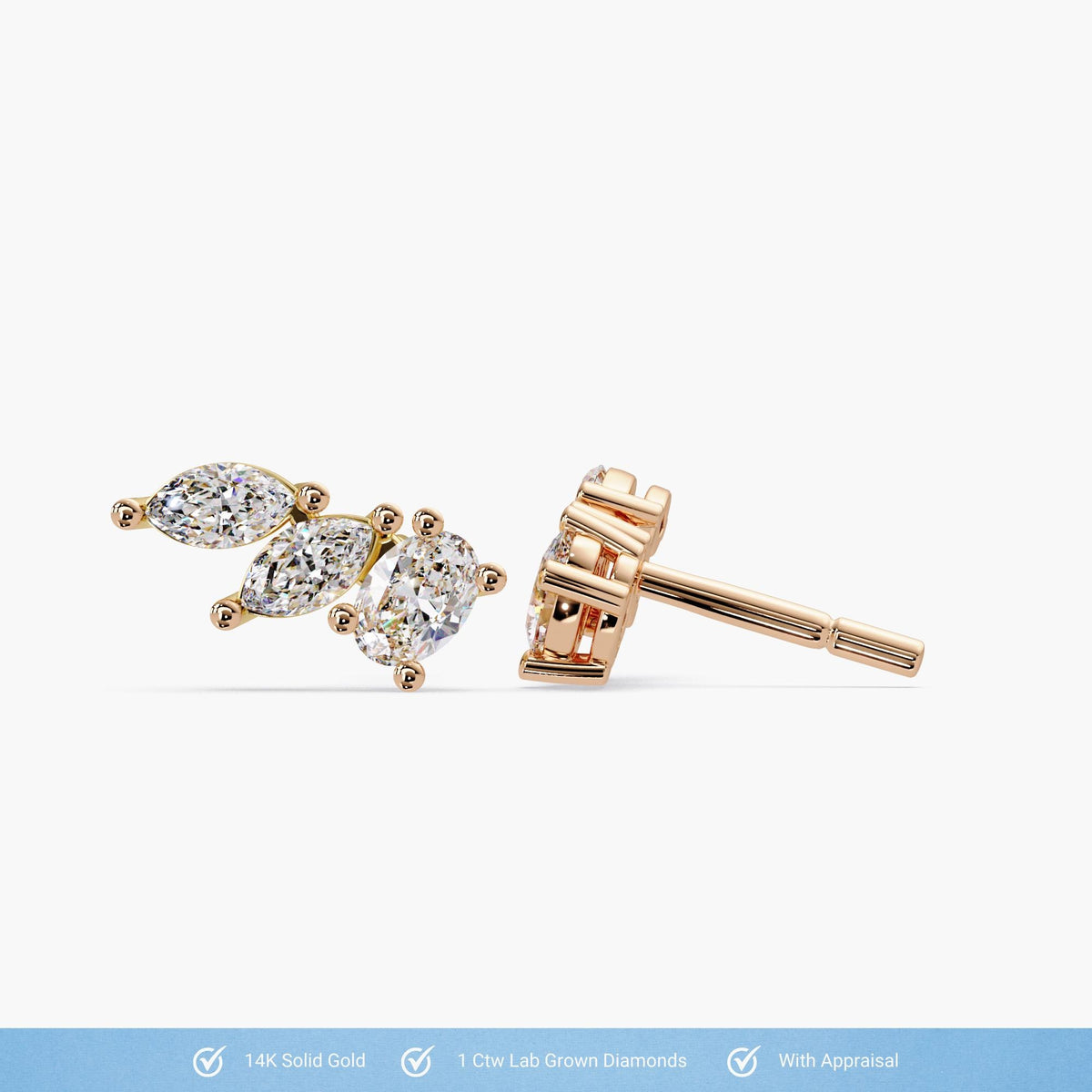 14K Gold Lab Grown Diamond Ear Climber Earrings, 1.00 CTW, Pushback