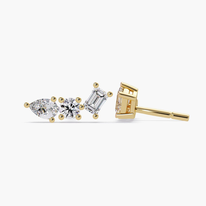 14k Gold Diamond Trio Stud Earrings: 1 Ct Curved Cluster Design