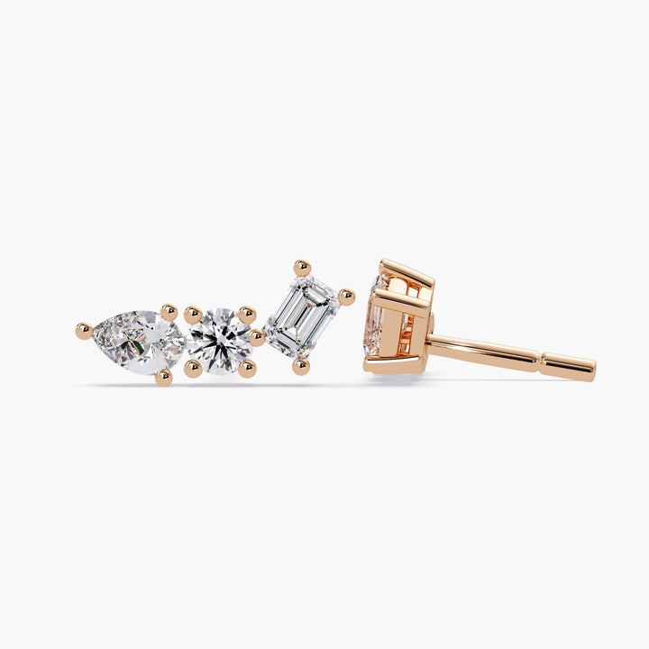 14k Gold Diamond Trio Stud Earrings: 1 Ct Curved Cluster Design