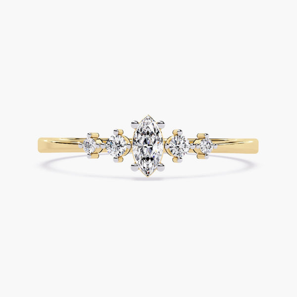 Tiny Marquise Diamond Ring, 5 Stone Diamond Anniversary Gift, 14K Gold Dainty Engagement Ring, Rustic Diamond Jewelry
