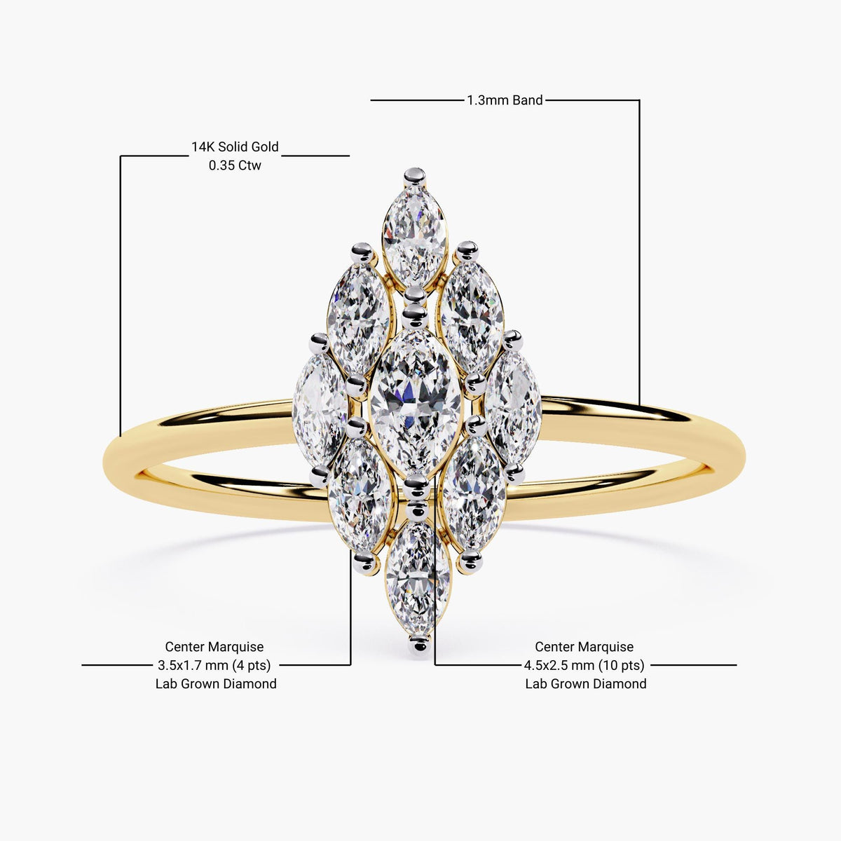 Statement Gold Ring Vintage Marquise Diamond Cluster Art Deco Design Large Cocktail Piece Yellow Gold Band Premium Quality Construction Nine Stone Setting Classic Style Collection Beautiful Handcrafted Details Elegant Forever Ring Essential