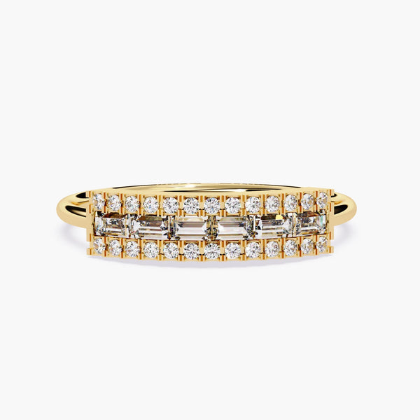 Baguette and Round Diamond Band, Gold Diamond Baguette Half Eternity Ring, Micropave Diamond Wedding Band