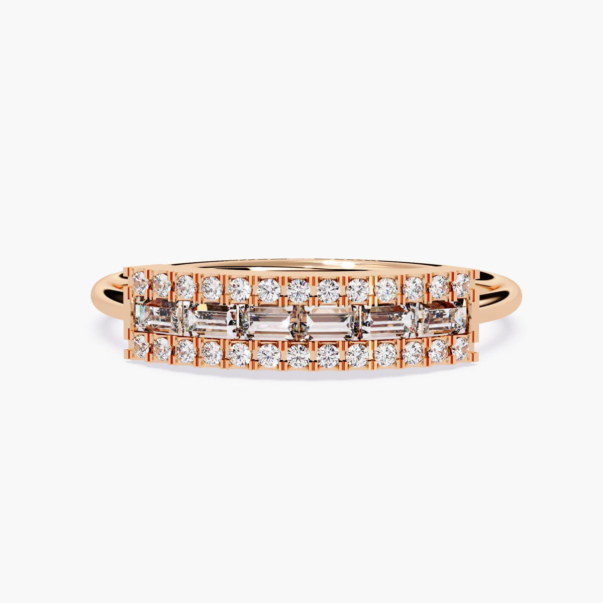 Front view of a 14k rose gold diamond ring with a three-row layout. Baguette-cut natural diamonds are set horizontally in the center, framed by round diamonds on both sides. The structured bar design and warm gold tone give it a bold, Art Deco-inspired look — ideal for anniversary or statement wear.