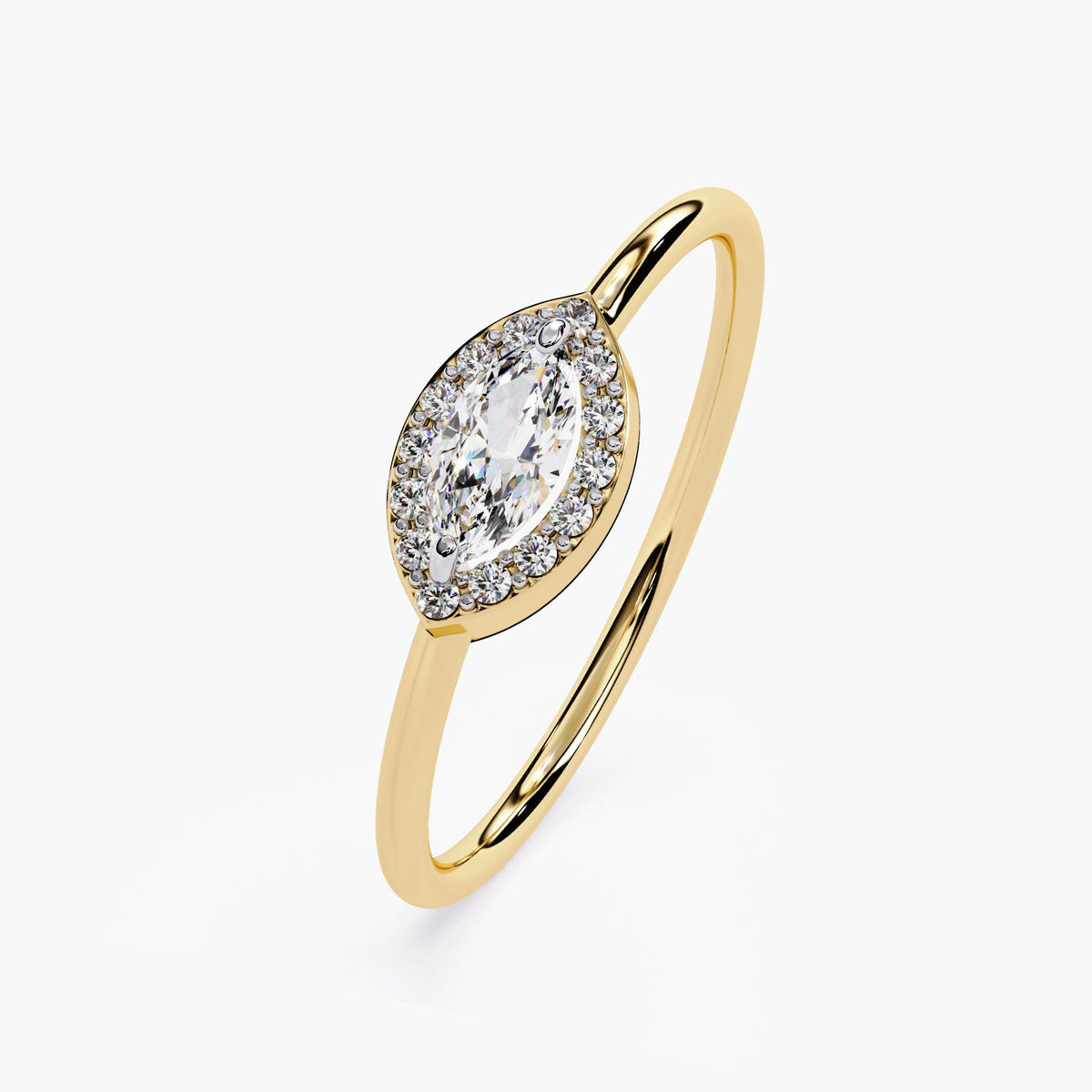 marquise halo diamond ring in 14k yellow gold, showcasing a 6x3mm marquise-cut center diamond set horizontally in an east-west style. The marquise is framed by a delicate halo of small round natural diamonds, all set on a slim polished gold band. The overall look is minimal yet eye-catching, ideal for everyday wear or a subtle engagement ring.