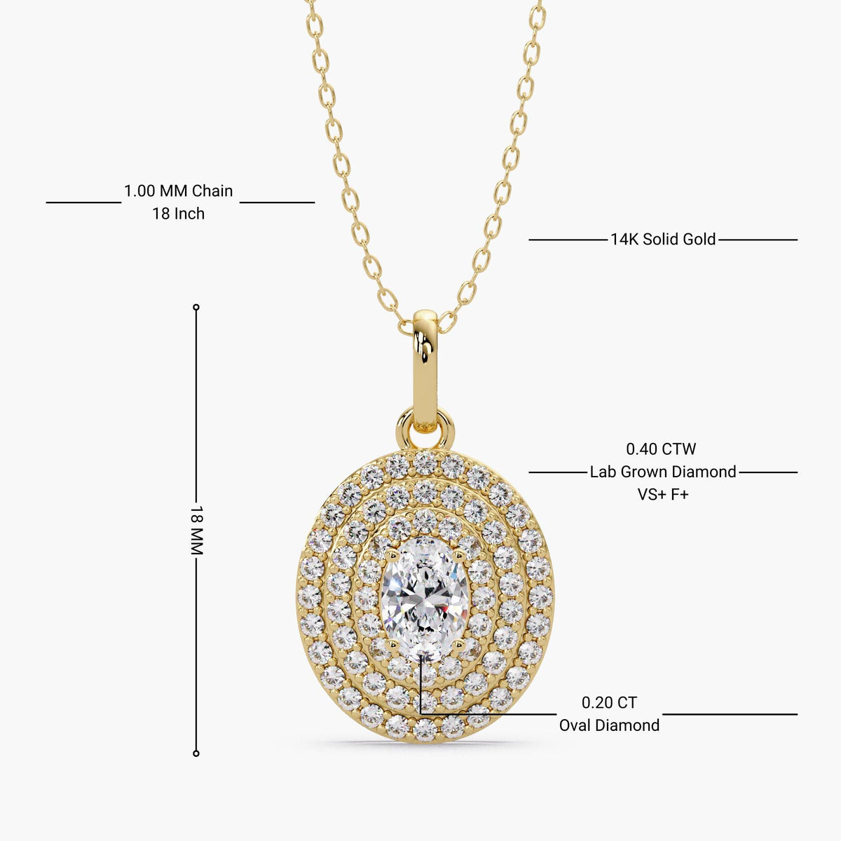14K Gold Oval Lab Grown Diamond Halo Pendant Necklace, 0.40 CTW, 18 Inch