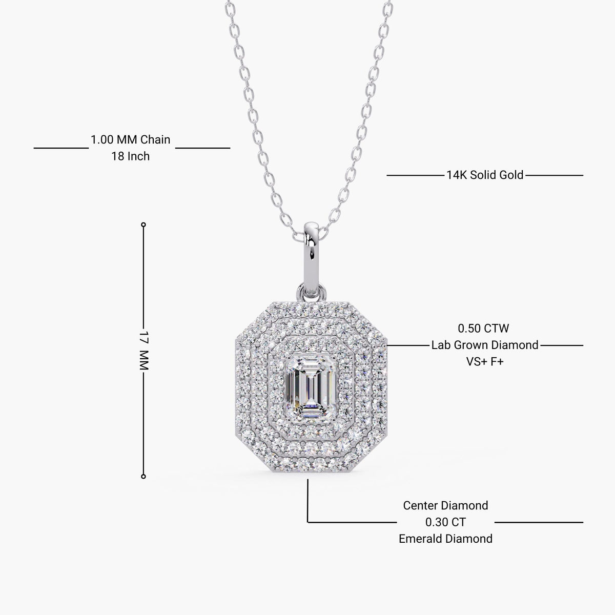 Emerald cut lab grown diamond pendant necklace in 14K solid gold with halo setting, minimalist dainty fine jewelry for women