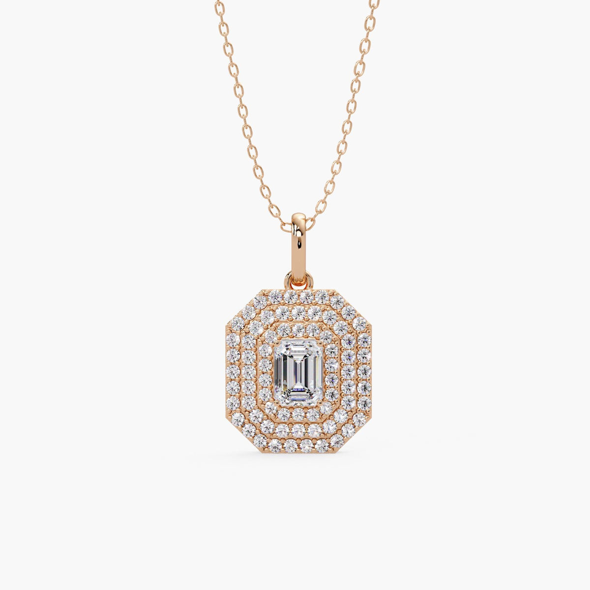 Emerald cut lab grown diamond pendant necklace in 14K solid gold with halo setting, minimalist dainty fine jewelry for women