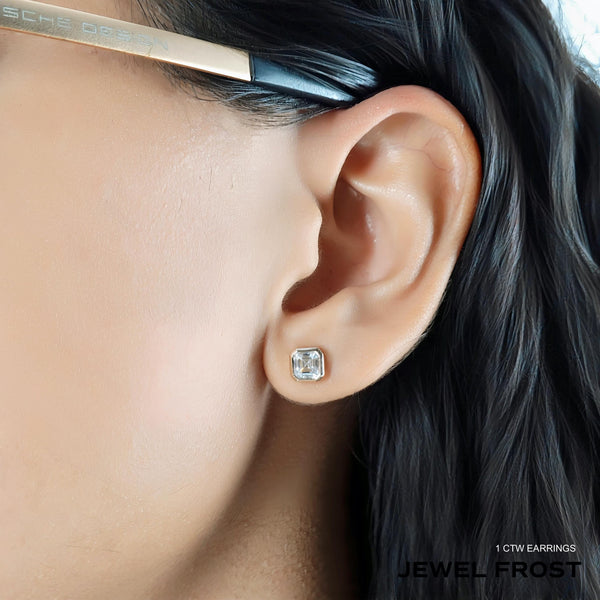 14K Gold Asscher Cut Natural Diamond Bezel Stud Earrings, 0.50 CTW - 1 CTW