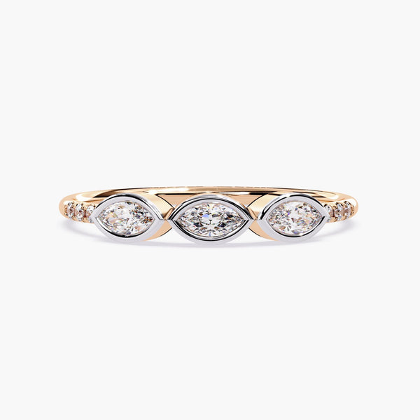 Marquise Wedding Ring, Round Cut Lab Grown Wedding Band,  Minimalist Diamond Ring, 14K Solid Gold, Lab Grown Diamond Ring, 3 stone ring