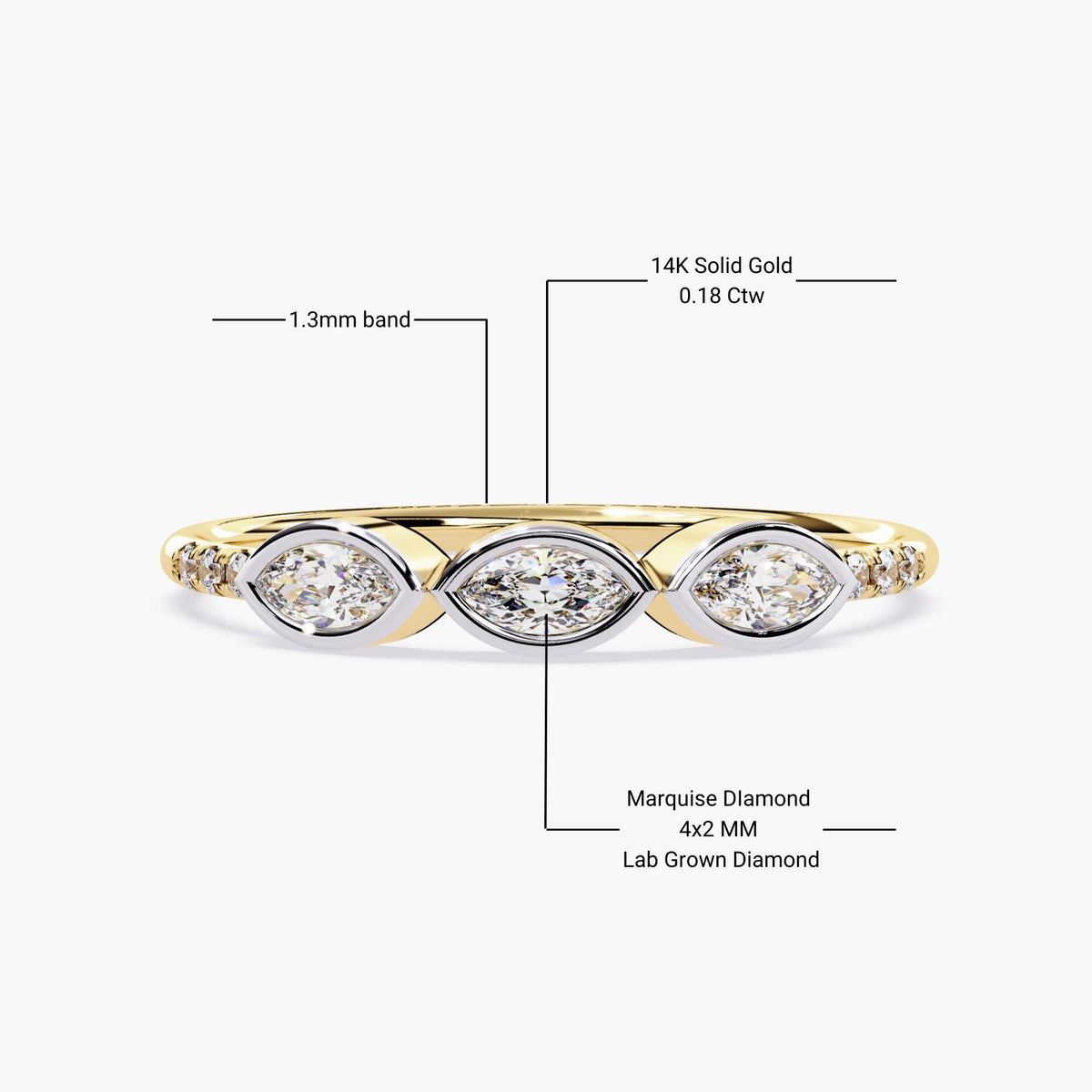 Marquise Wedding Ring, Round Cut Lab Grown Wedding Band,  Minimalist Diamond Ring, 14K Solid Gold, Lab Grown Diamond Ring, 3 stone ring