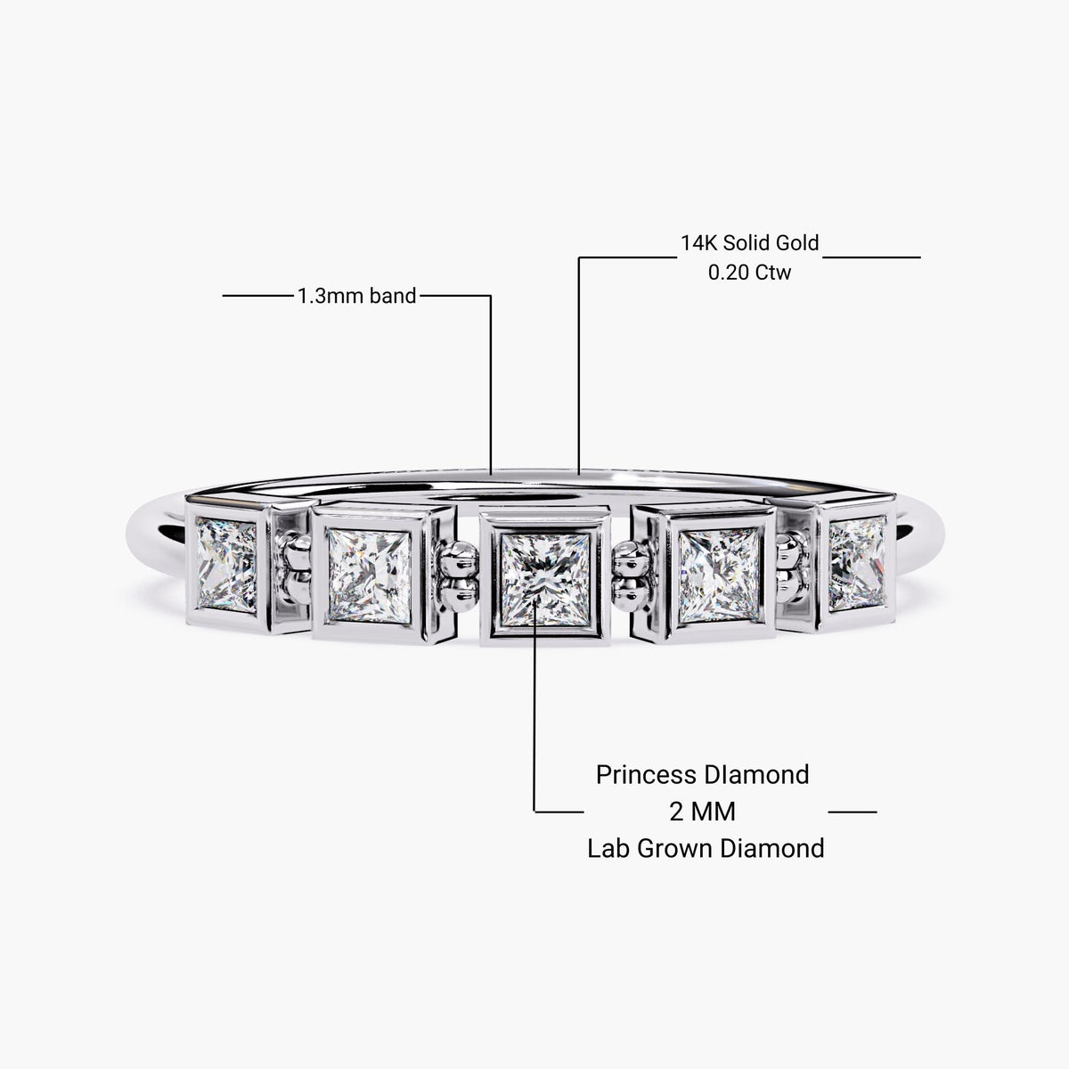 14K Solid Gold Princess Cut Diamond Ring, 0.20 CTW Lab Grown Band, Modern Proposal Ring, Dainty Promise Ring