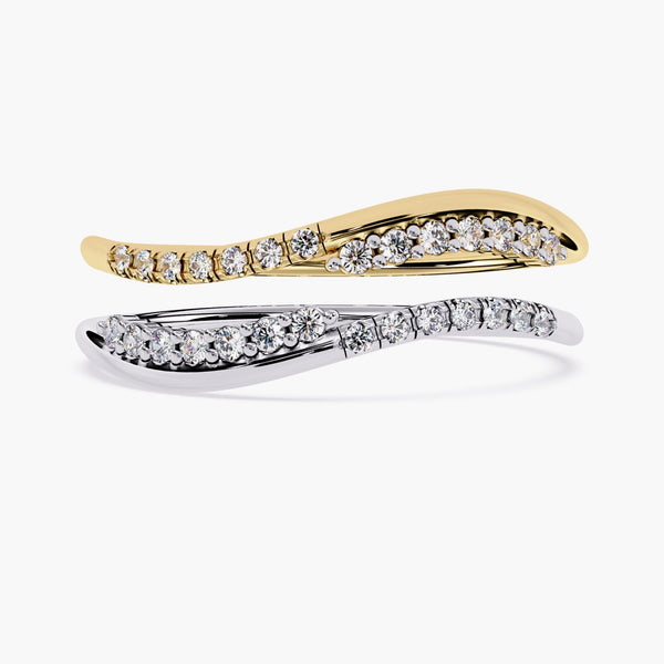 14K Solid Gold Curved Diamond Band, Dainty Wave Wedding Ring, Lab Grown Pave Diamond Ring, Minimalist Stacking Band, Unique Nesting Ring