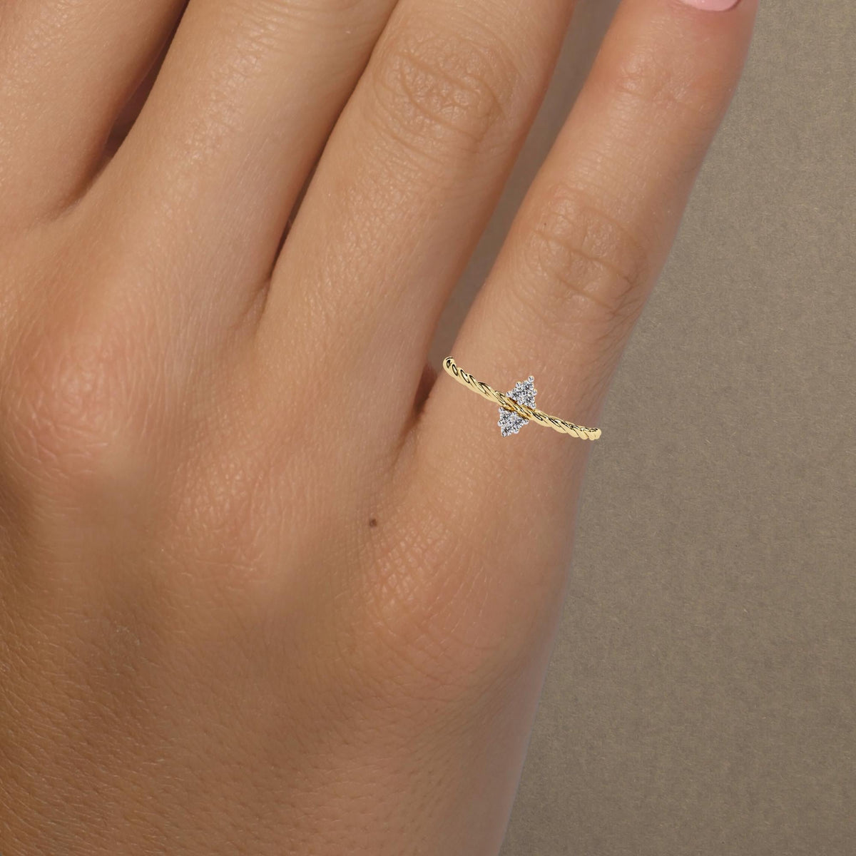 14K Solid Gold Twisted Rope Ring, Dainty Diamond Ring, Lab Grown Diamond Stacking Band, Minimalist Prong Set Ring, Delicate Gold Band
