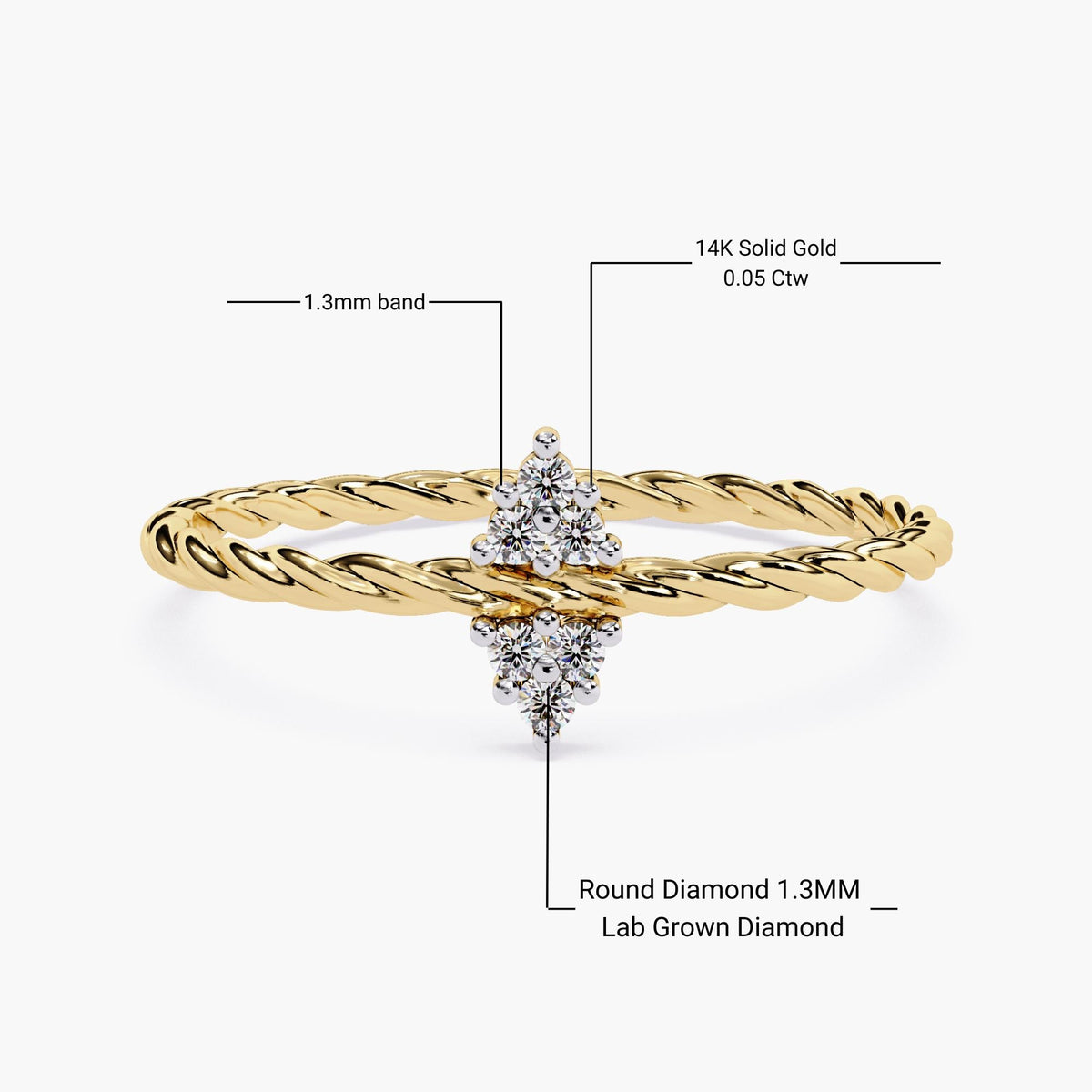 14K Solid Gold Twisted Rope Ring, Dainty Diamond Ring, Lab Grown Diamond Stacking Band, Minimalist Prong Set Ring, Delicate Gold Band