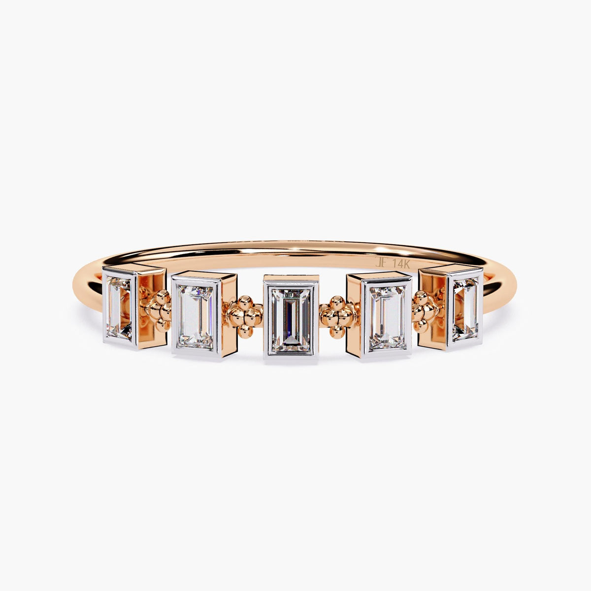 14k rose gold five-stone ring featuring vertically set baguette natural diamonds in white gold bezel settings, spaced by floral gold accents along a slim band.
