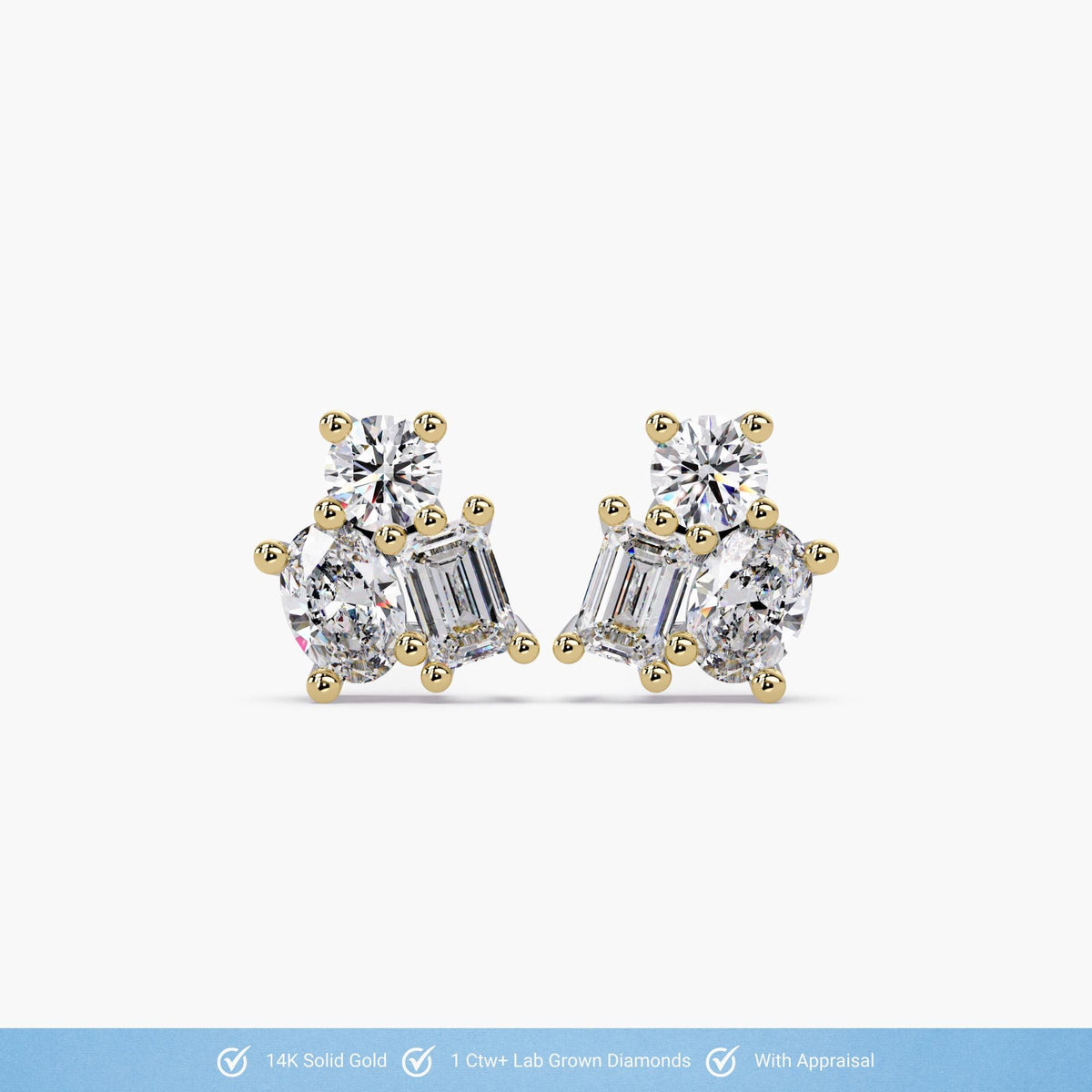 14K Gold Multi-Cut Lab Grown Diamond Stud Earrings, 1.05 CTW