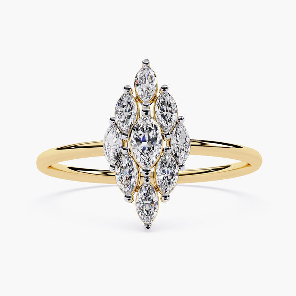 Statement Gold Cluster Ring Marquise Diamond Band Vintage Style Cocktail Jewelry  Delicate Band Art Deco Unique Jewelry Gift for Mom