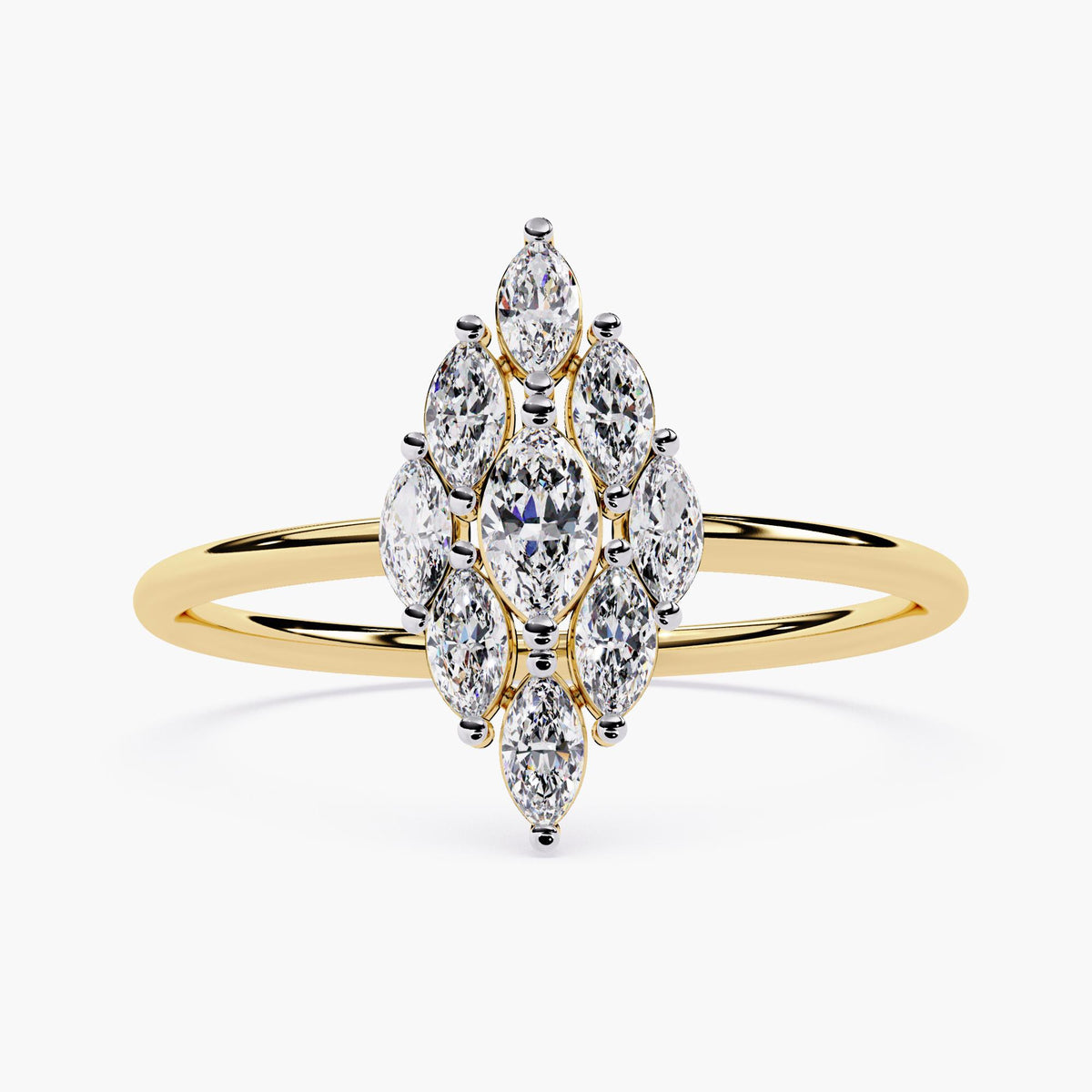 Vintage Marquise Diamond Ring Yellow Gold Statement Piece Art Deco Style Cluster Design Nine Stone Setting Cocktail Ring Collection Classic Elegant Band Stackable Forever Ring Premium Quality Construction Intricate Details Beautiful