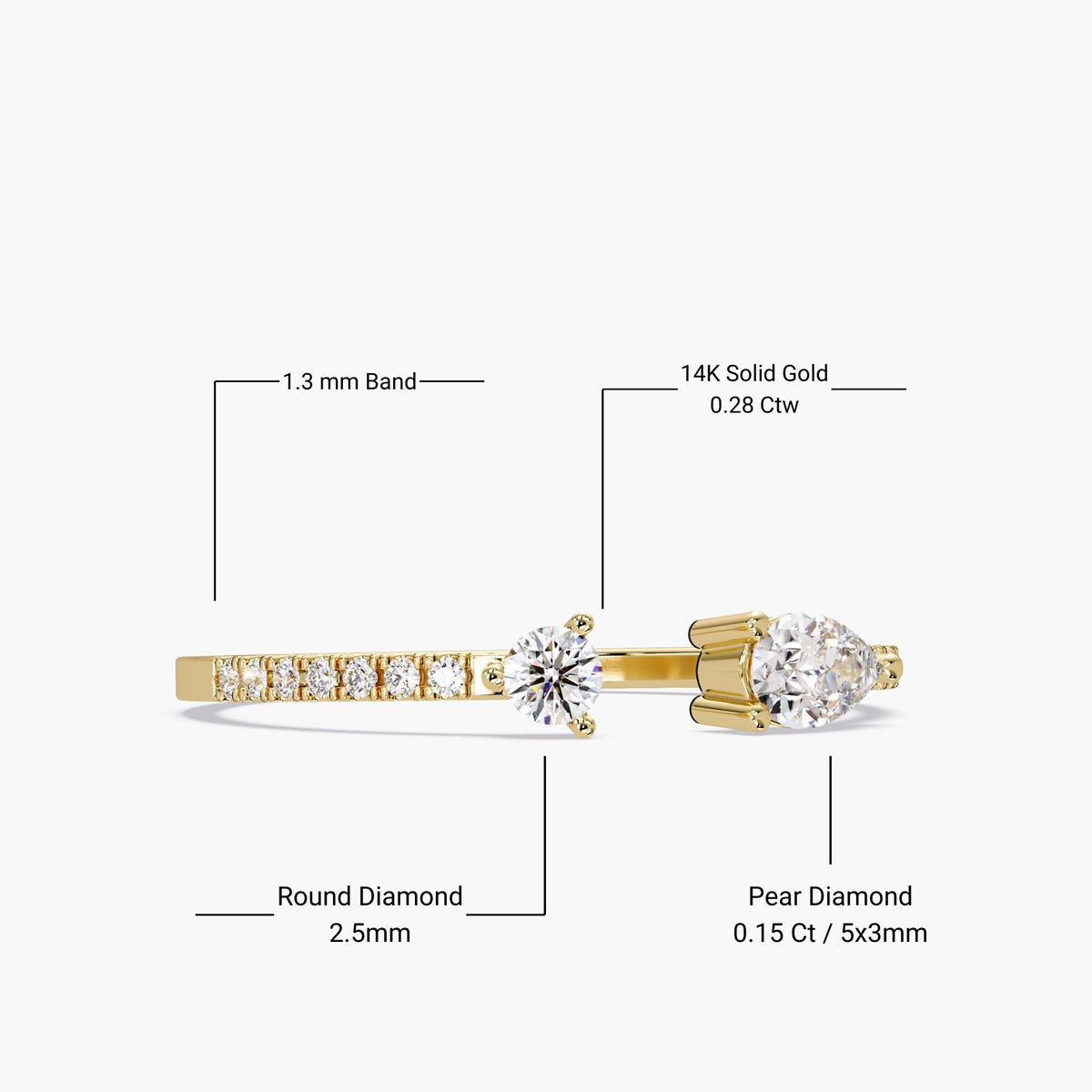 Toi et Moi Gold Ring, Open Band Pear and Round Diamond Ring, Asymmetrical Bypass Ring, Ring Spacer Wedding Band, Dainty Stacking Gold Ring