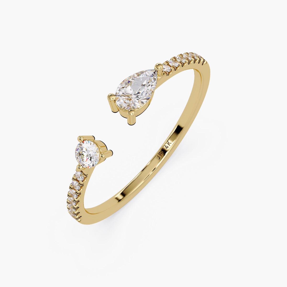 Toi et Moi Gold Ring, Open Band Pear and Round Diamond Ring, Asymmetrical Bypass Ring, Ring Spacer Wedding Band, Dainty Stacking Gold Ring