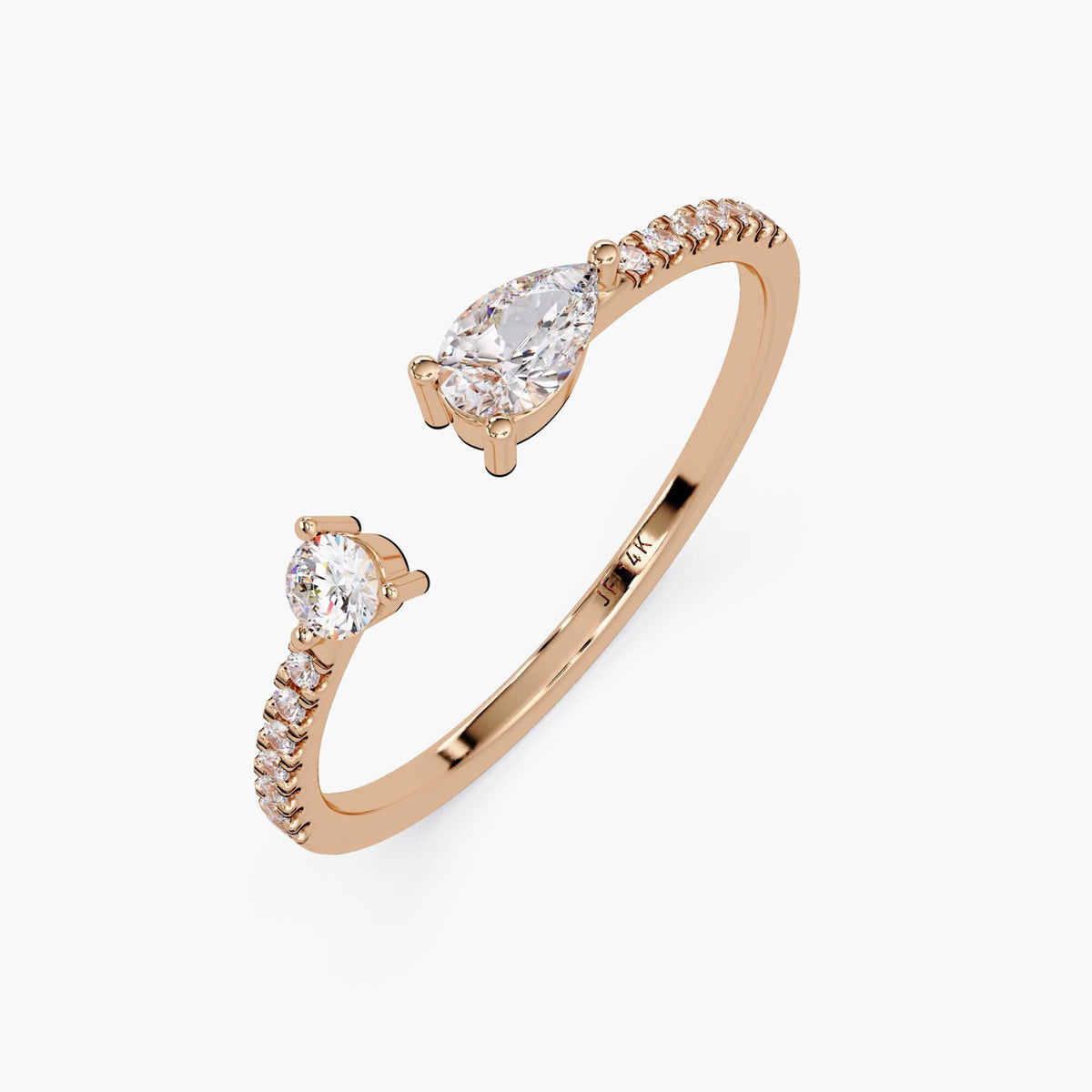 Toi et Moi Gold Ring, Open Band Pear and Round Diamond Ring, Asymmetrical Bypass Ring, Ring Spacer Wedding Band, Dainty Stacking Gold Ring
