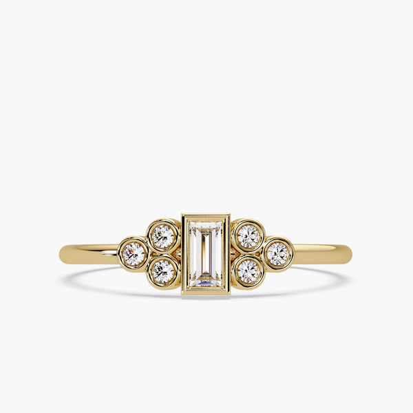 14K Gold Baguette Cluster Ring, Baguette Bezel Diamond Ring, Dainty Baguette Stacking Ring, Gold Bubble Cluster Ring, Gift for Friend